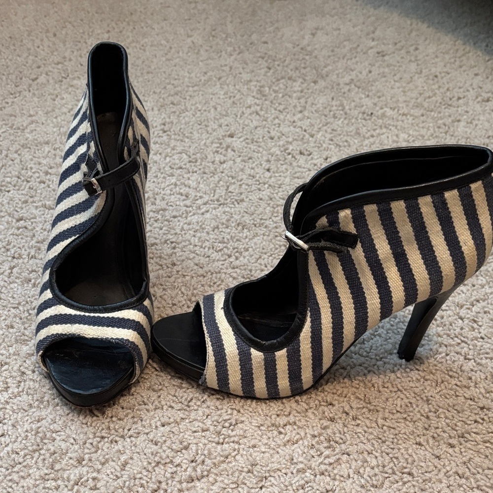 Fortress Of Inca Striped Navy Blue and White Peep-Toe Heeled Tapestry Booties